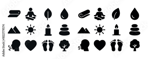 Wellness icons: meditation, nature, relaxation, yoga, zen elements