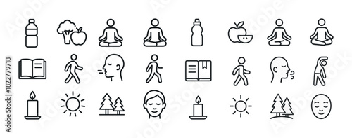 Healthy living icons: fitness, nutrition, meditation, and nature symbols