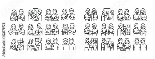 Line art illustrations of diverse female and male adults engaged in various activities