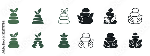 Zen garden icons set featuring stone piles and leaf elements