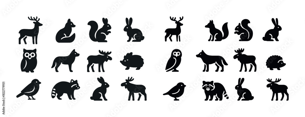 Obraz premium Silhouette icons of forest animals: deer, fox, squirrel, rabbit, owl, bird, raccoon, hedgehog