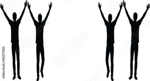 Silhouettes of two triumphant young men raising their hands and arms up in the air, expressing victory, happiness, success, achievement, and celebrating teamwork spirit, flat vector illustration.