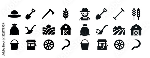 Farming icons set: tools, barns, crops, farmer highlight