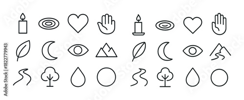 Minimalist monoline icons of nature, shapes, and objects in black and white