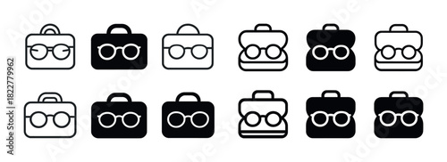 Sunglasses in cases icons set: twelve minimalist black and white designs