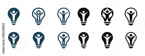 Human creativity icons set: light bulb and person symbols in various designs