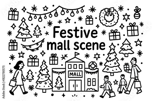 Festive Mall Doodles. Festive mall scene. Hand-drawn doodle illustration of festive mall scene. Mall building,