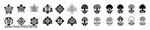 Diverse tree and turtle icons in black and white