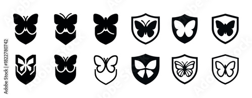 Set of butterfly and shield icons in black and white silhouettes