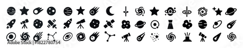 Space icons: telescopes, planets, stars, moons, comets, asteroids, satellites
