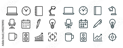 Office supplies icons set: laptop, clock, notebook, lamp, chair, calendar, pen, mug, graph, speaker, focus