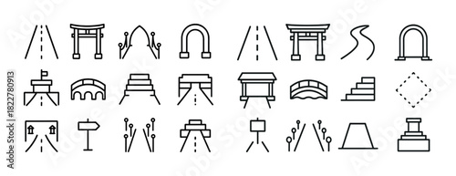 Set of linear road and landmark icons featuring arches, bridges, and signs