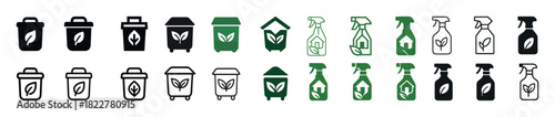 Eco-friendly recycling and cleaning icons set in various styles
