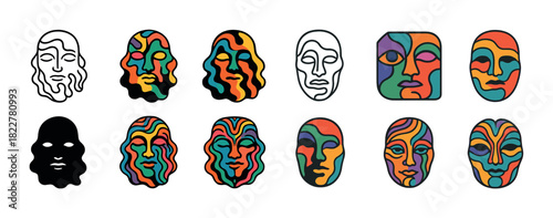 Colorful abstract human faces in various artistic styles