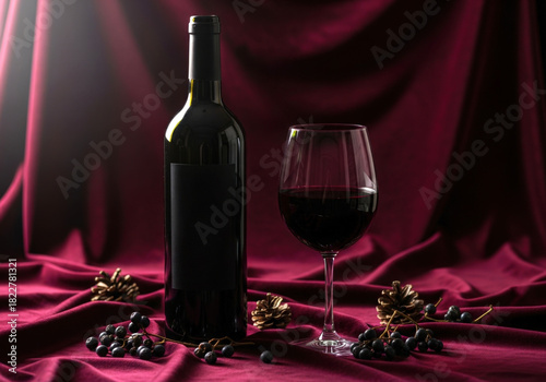 Sophisticated red wine bottle beside a filled goblet on deep burgundy fabric accented by berries and pine cones