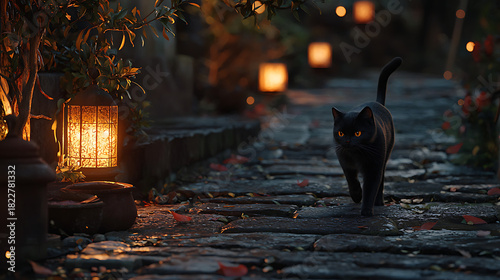 Fototapeta Naklejka Na Ścianę i Meble -  A black cat walks down a brick walkway