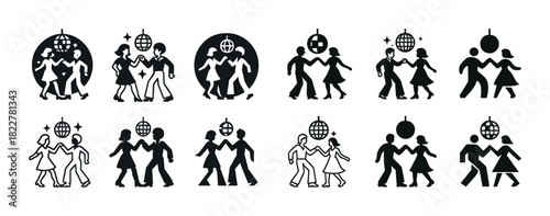 Silhouette dance party icons set with disco balls and diverse couples
