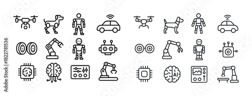 Vector icons of robotics and artificial intelligence: drones, robots, automated cars, and technology symbols