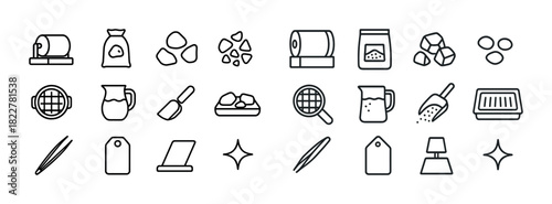 Icon set of baking ingredients and kitchen utensils in simple black line art