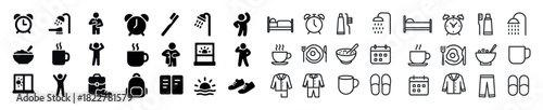 Daily routine icons: wake up, exercise, eat, work, relax, sleep