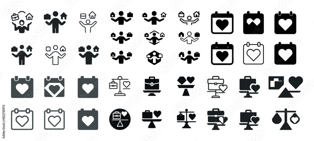 Naklejka premium Various heart and balance icons on calendar and scale themes