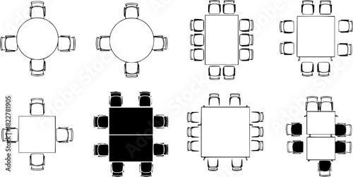 Top-down view of various table and chair arrangements
