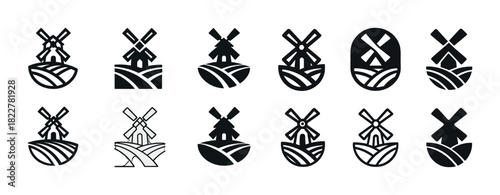 Set of twelve stylized black windmill logos on white background