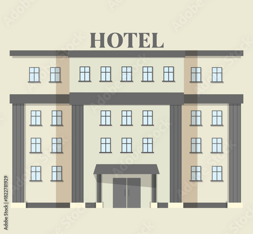 Flat Design Hotel Building Illustration Modern Lodging, Accommodation, or Motel Icon with Many Windows and Entrance.