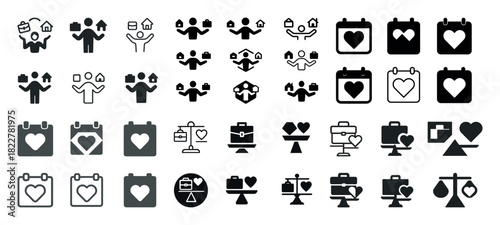Various heart and balance icons on calendar and scale themes