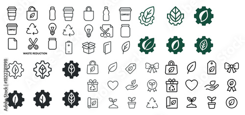 Sustainable waste reduction icons: eco-friendly compost and recycling symbols