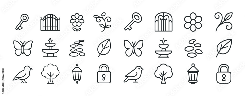 Naklejka premium Garden icons: keys, gates, flowers, butterflies, trees, birds, lanterns, locks