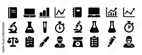 Scientific research icons set: lab equipment, graphs, laptops, and office supplies