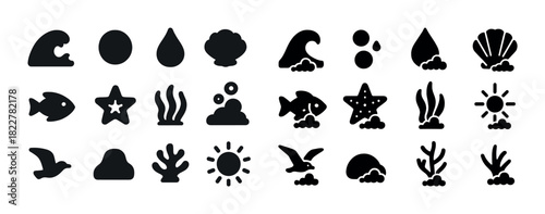 Sea-themed icon set: waves, fish, shells, sun, seaweed, clouds