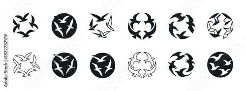 Abstract bird silhouettes: diverse circular designs and patterns