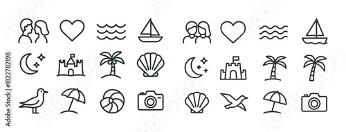 Vacation line icons: beach, sea, travel, summer, holiday symbols