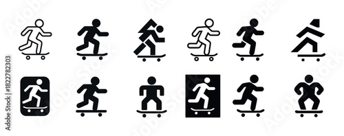 Skateboard icons set: dynamic black and white stick figures in motion