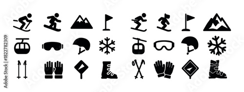 Winter sports icons: skiing, snowboarding, and equipment symbols