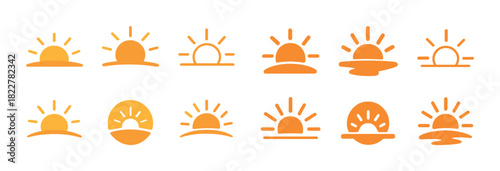 Set of sunrise and sunset icons in various styles and designs