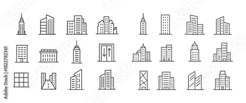 Collection of minimalist building icons featuring diverse architectural styles