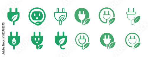 Green energy symbols: eco-friendly power plug and leaf icons collection