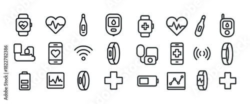 Set of health and fitness gadget icons: smartwatch, heart monitor, thermometer, glucose meter