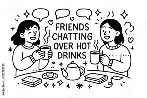 Cozy Coffee Chat. Friends chatting over hot drinks. Hand-drawn doodle illustration of friends chatting over