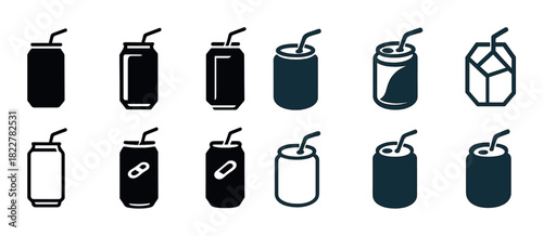 Set of beverage can icons with straws in various styles and designs