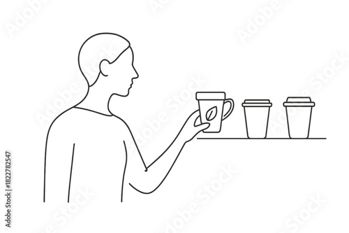 Eco Cup Choice. Conscious Consumer. Minimalistic one-line drawing person choosing eco-friendly cup from shelf