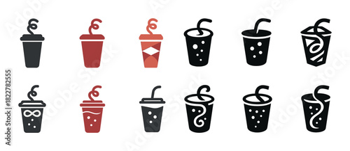 Collection of stylized beverage cup icons in various designs and colors