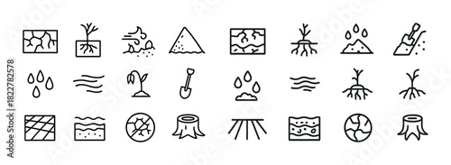 Drought and soil degradation icons set: planting, soil, erosion, water