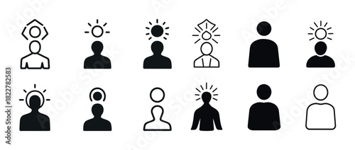 Set of twelve human silhouette icons with sun elements overhead
