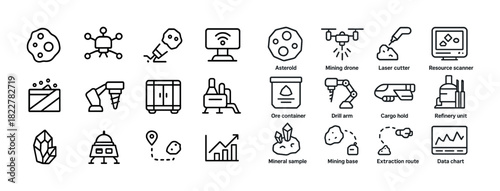 Asteroid mining icons set: drone, laser cutter, ore container, data chart
