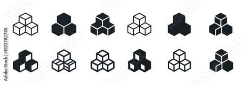 Set of geometric cube icons in black and white