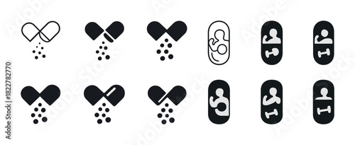Capsule icons with granules and infant symbols in black and white